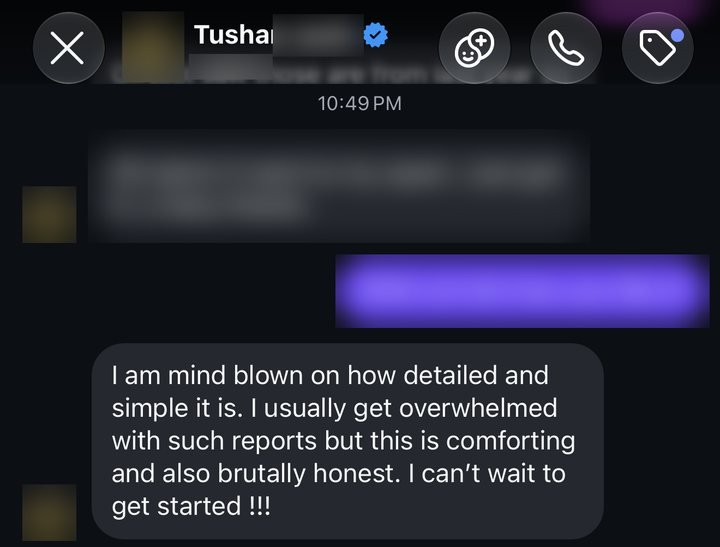 Instagram message from Tushar after his plan landed: I am mind blown on how detailed and simple it is